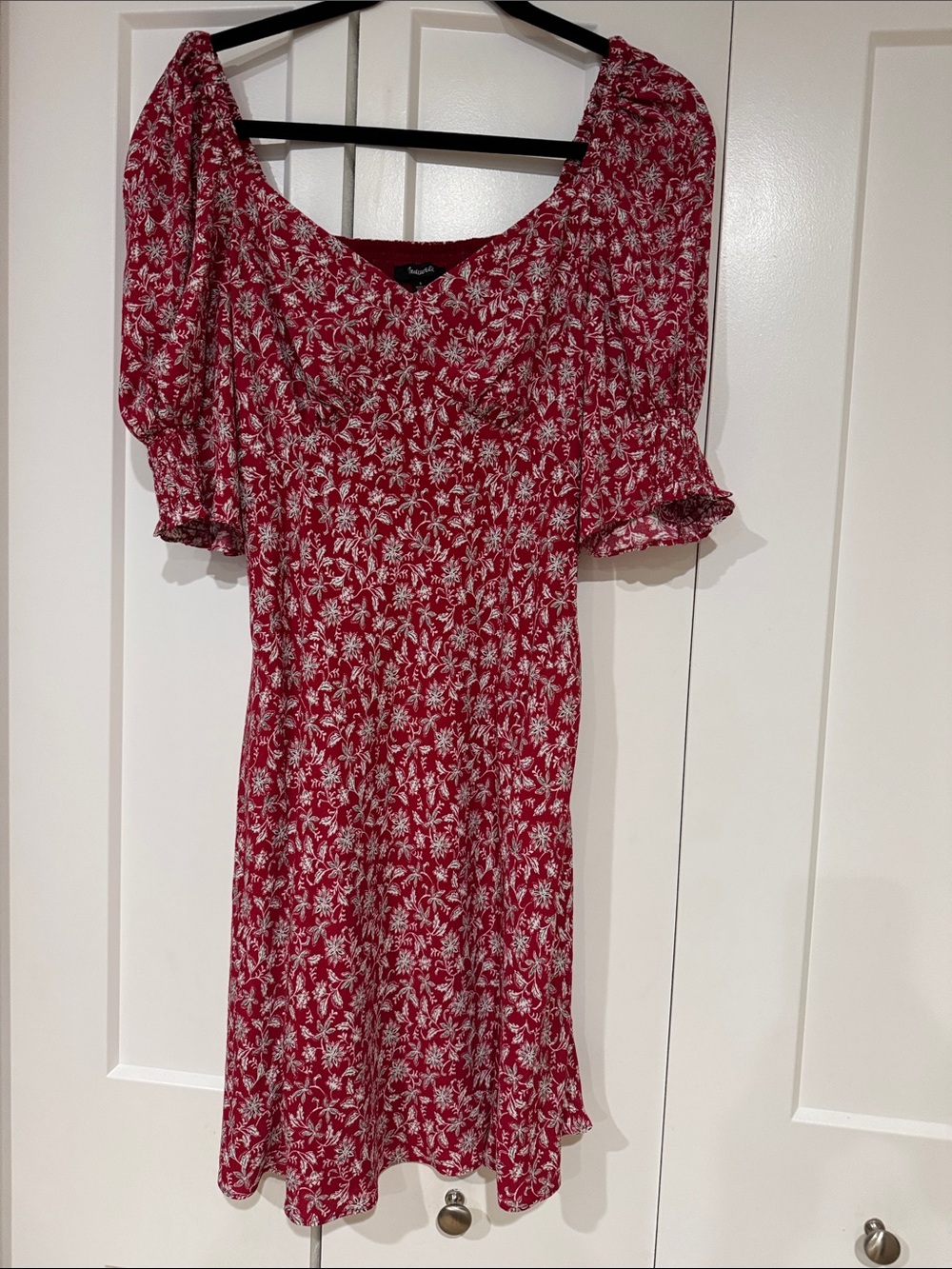 Madewell Crimson Floral Midi Dress with Puff Sleeves